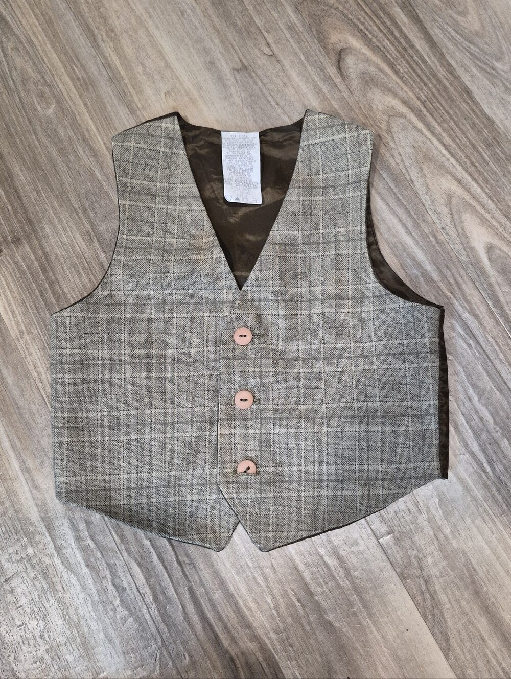 Vintage Boys Suit Vest Classic Plaid or Windowpane Check Pattern Brown Tan Sz 4